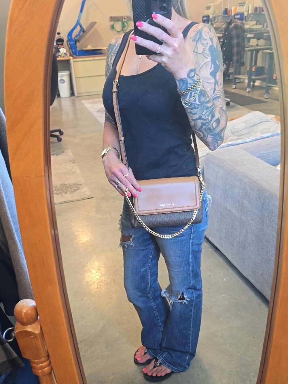 MICHAEL KORS Tan and Brown Logo-Print Chain Crossbody Bag - Picture 9 of 9